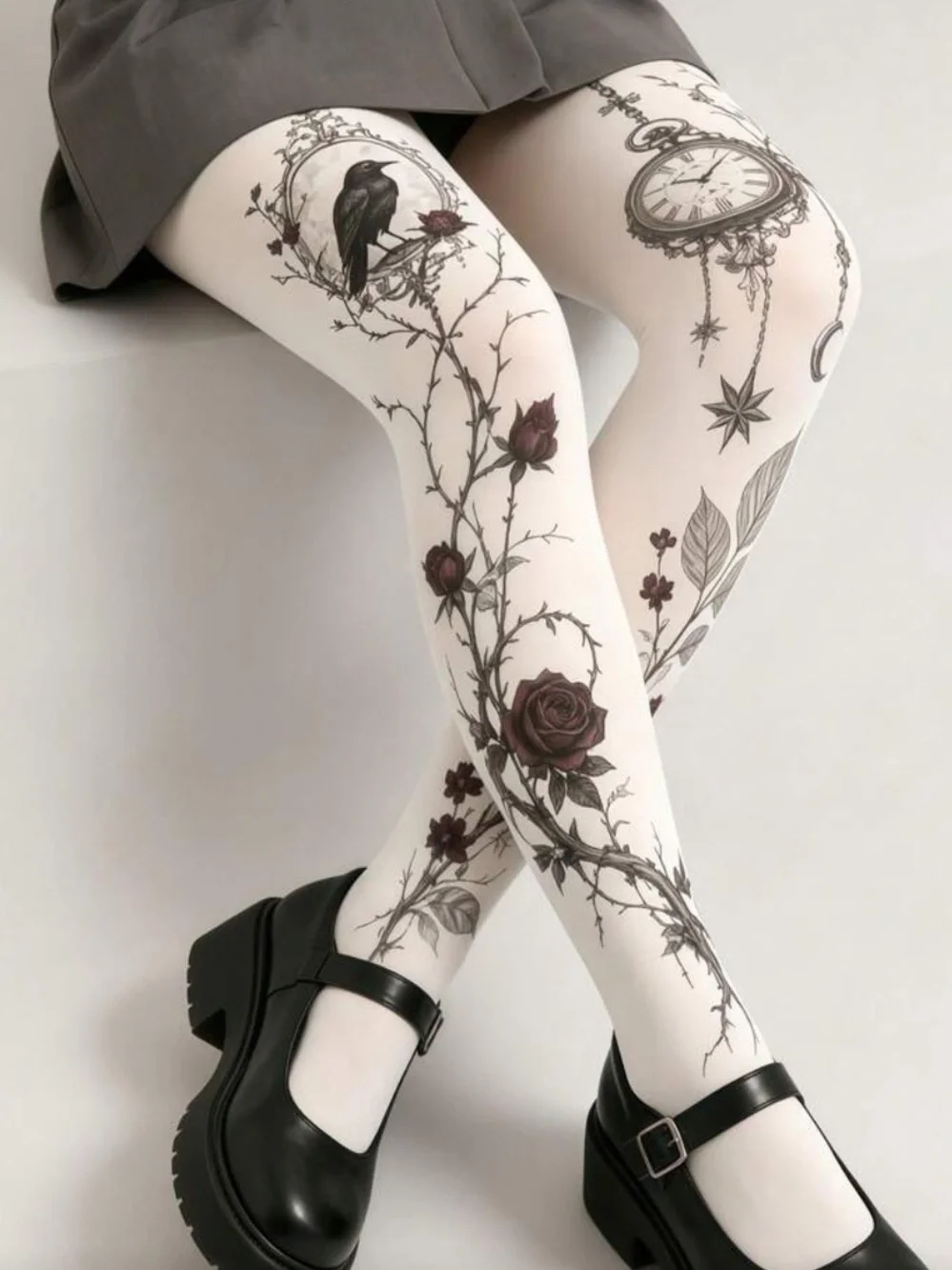 Floral Raven & Pocket Watch Printed Tights in White